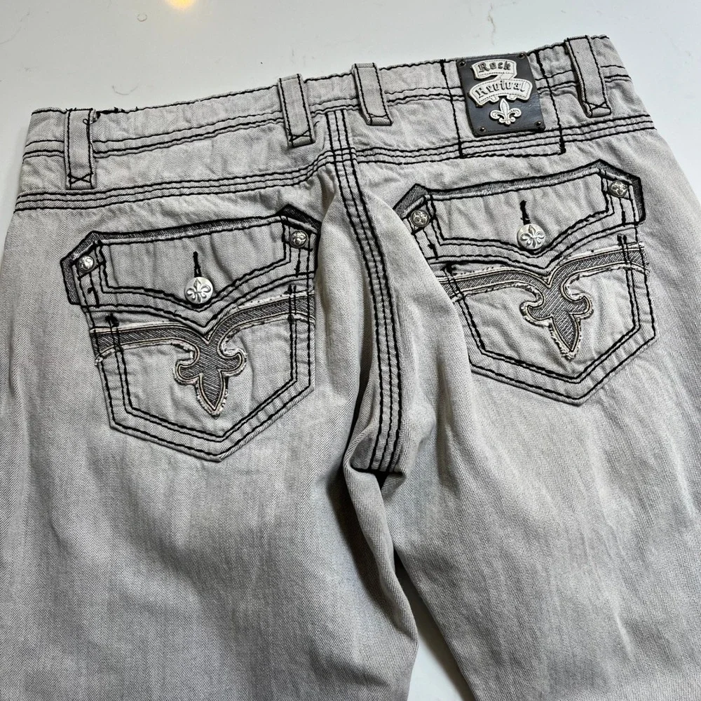 Rock Revival Dan Straight Mens 38 Gray Jeans Heavy Black Stitch Fleur-De-Lis Y2K